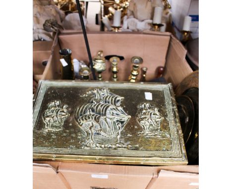 A box of metalware including brass slipper box, candlesticks, enamel jug, together with a cast iron cooking pot containing fl