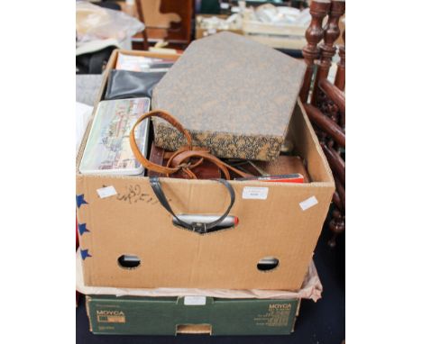 A boxed Fuji camera, assorted cameras and cased field glasses, together with a tin of assorted flatware, horn handled carving