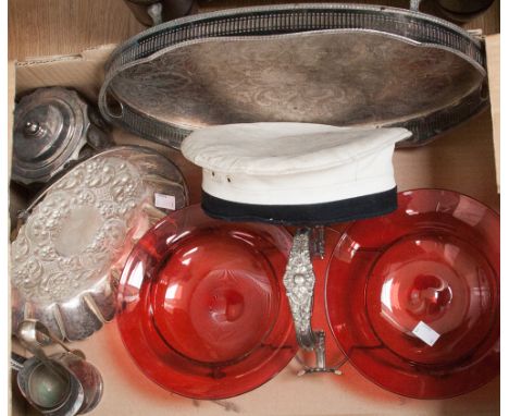 A box of silver plate including a late Victorian double dish frame fitted with removable cranberry glass bowls and a tea cadd