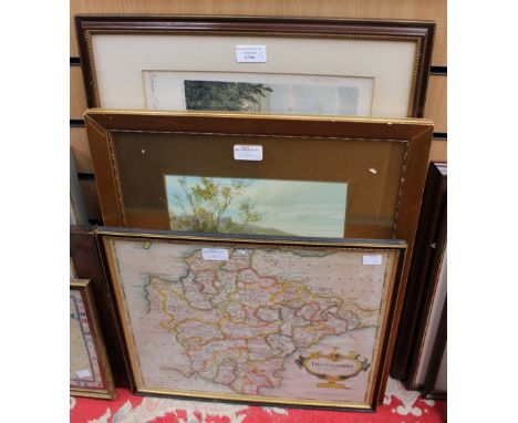 A Robert Morden coloured map of Devonshire, a print and a watercolour (3)