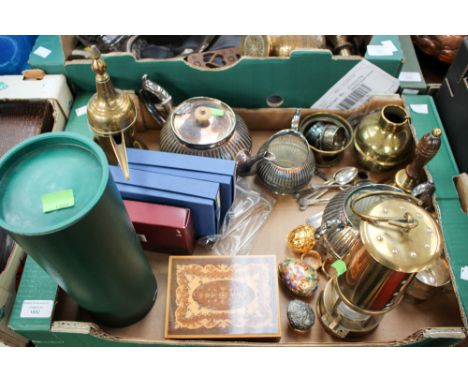 A box of metalwares including an Eccles miners lamp, a modern miners lamp, silver sugar nips etc 