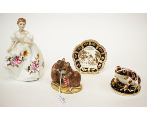 A Royal Crown Derby frog paperweight, trinket dish, Royal Daulton figurine of Marilyn, HN3002 and a Royal Albert Christmas st