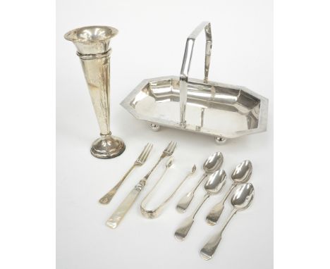 A London silver hallmarked flared trumpet vase, together with four silver teaspoons, a plated octagonal swing handled basket 