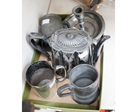 Early 19th Century pewter tankard, a Rose Inn Beeston electroplated tankard, E.P.B.M. teapot, chamber stick and snuffer (pewt