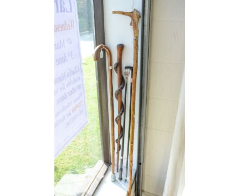 A 19th Century coal fork, a walking stick, a snake stick and two others. (5)