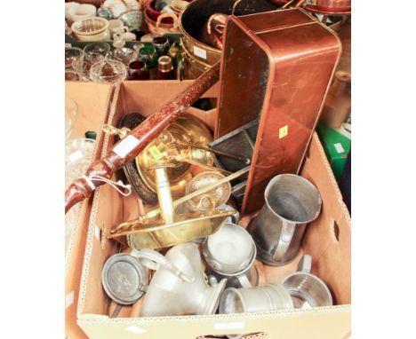 A large brass coal bucket, copper planter, teapot, pans, two brass chamber sticks, pewter tankards, jam pan, etc. (One box an