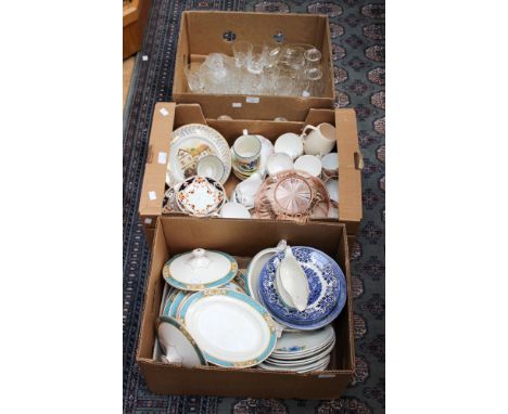 Three boxes of assorted ceramics and glass, including wine glasses, together with a turquoise scaly ground banded Scotch ivor