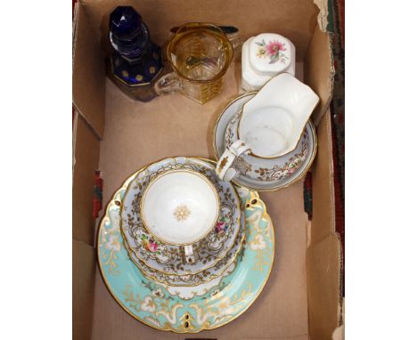 A box of 19th Century British hand painted ceramics, a modern tea caddy and a small quantity of glassware.