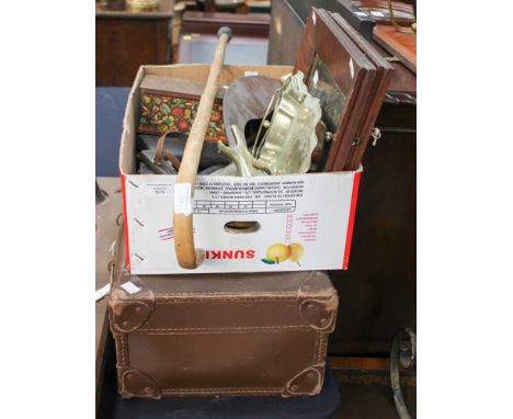 A box of collectables comprising cut throat razors, prints, stick tin, various flatware, trays, leather suitcase, etc.