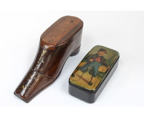 A miniature hardwood snuff box in the form of a shoe, together with a further 19th Century snuff box. (2)