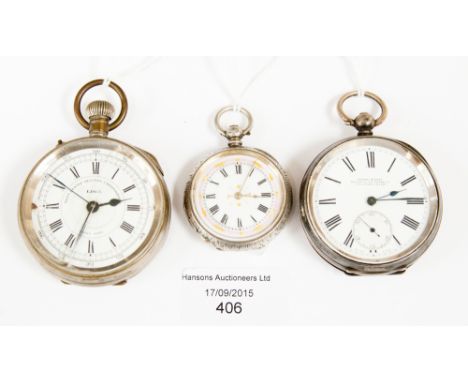 A gent's silver Kendal and Dent open faced pocket watch, a Lady's silver fob watch and a Liga chronograph pocket watch (s.d.)
