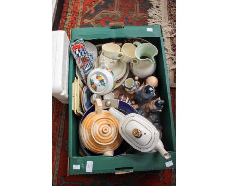 A collection of ceramics comprising a set of Hummel monk egg cups, a Goebel set of monkey figures, a tube lined plate, studio