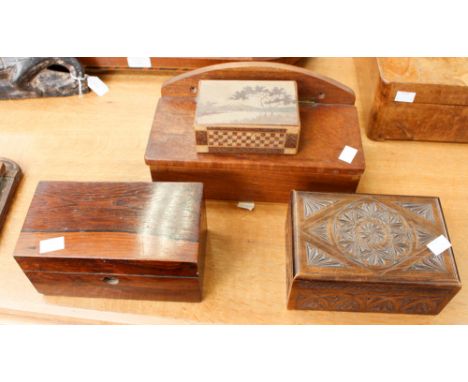 A rosewood tea caddy (no lids), 20th Century carved box, a wall mounted candle box and an early 20th Century Japanese puzzle 