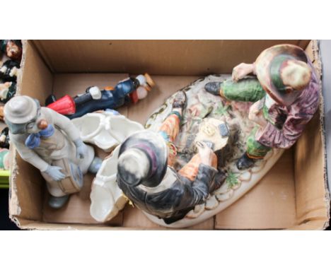 A Capo di Monte group 'Card Players', a Lladro style clown, another clown and two posy bowls.