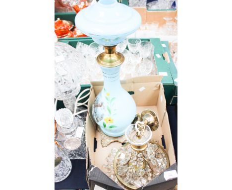 A blue opaline glass Victorian oil lamp on a gilt metal base, together with cut glass and brass ceiling light.