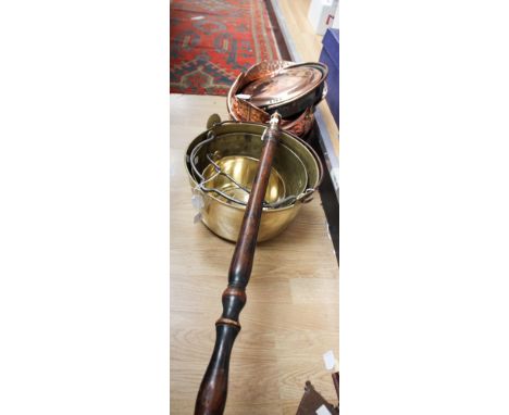 Three brass jam pans, with a coper coat scuttle and a copper bed warmer