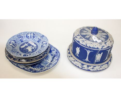 A Wedgwood style Jasperware Stilton dish and cover, together with six various early 19th Century blue and white pottery print