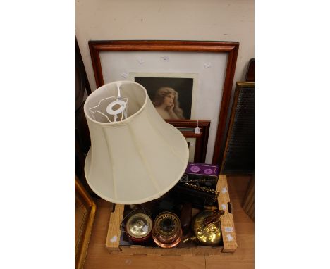 An onyx table lamp, brass kettle, copper oil lamp base, a bed warmer, cameras, with collapsable cake stand and four pictures.