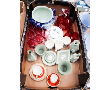 A collection of six late Victorian wine glasses, two beakers, together with a cranberry decanter, a large quantity of Wedgwoo