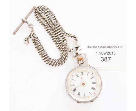 A Continental fob watch and double Albert chain, crown winding, '935', silver, Swiss mark, floral decorated case 35 mm, compl