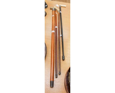 Four walking sticks including Indian silver topped cane, horn handled, Chester silver banded stick and two bone handled silve
