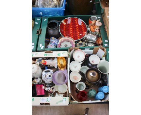 Three boxes of assorted ceramics, including a Poole red glazed dish with design, carved wooden dish, pewter ware, cut glass j