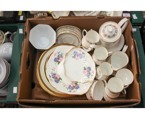 Two boxes of assorted ceramics comprising of Paragon 'Belinda' part coffee service, Denby 'Twilight' ware etc (2 boxes) 