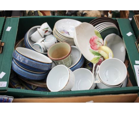 Two boxes of assorted ceramics including Denby, Chatsworth, Green-Wheat, etc, Royal Crown Derby Kedleston, Spode, etc.