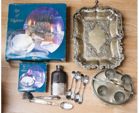 A handled EPNS dish, Edwardian egg cup, sewing set, mother of pearl handled spoon, fork, as new silver plated table mats and 