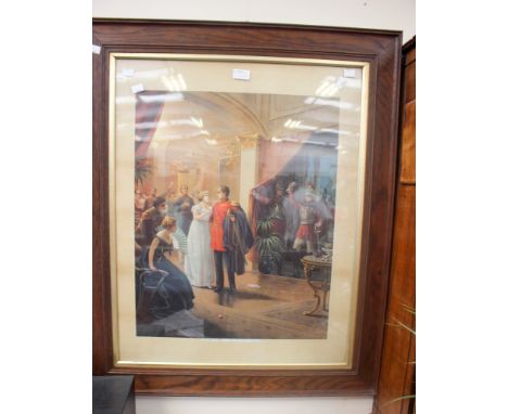 A large framed print depicting a young courting couple, probably 19th Century, framed, height 89cm x width 74cm.
