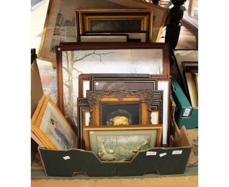 A collection of assorted prints, comprising Lowry prints, country prints, hunting prints, together with an oil on board depic