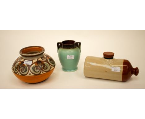 A circa 1932 Denby Langley twin handled vase with a 1960's Langley squat vase, and a Langley ceramic bed-bottle (3)