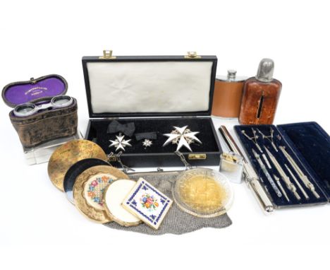 A selection of compacts, hip flasks, cased geometry set, ladies chain work purse, cigarette lighters, etc.
