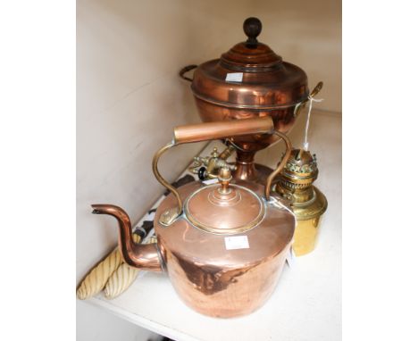 A copper samovar, with brass fittings, with a copper kettle, a pair of ivory handled fish servers, Barclay & Son lamp maker's