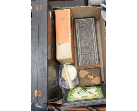 A 19th Century Indian glove box with clay pipe, 1930's cigarette box, G.W.R. jig-saw puzzle (complete) and a cast iron surrou