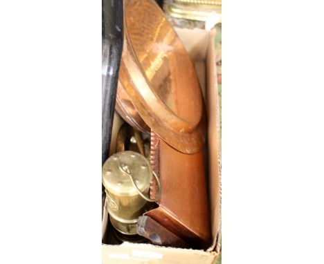 A collection of assorted copper and brassware including bed warming pan, miner's lamp, copper dish, elephant, etc.