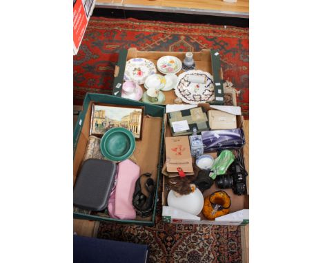 A box of assorted ceramics, including a Royal Worcester blue and white bowl, assorted china, a Steiff cosy friend bear, toget