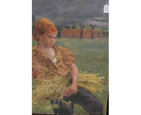  A portrait of a young girl hay gatherer, circa 1940's/50's, signed 'Duval'