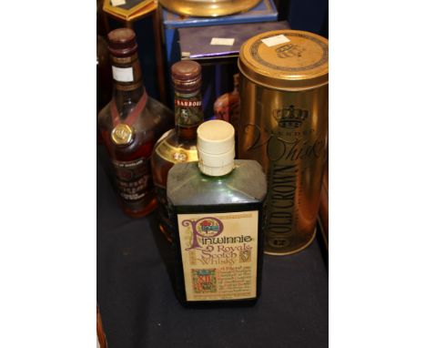 Crown Royal whisky, Old Crown 12 year old, Old harbour 12 year old, Grants Royal 12 year old and Pinwinnie Royale Scotch. (5)
