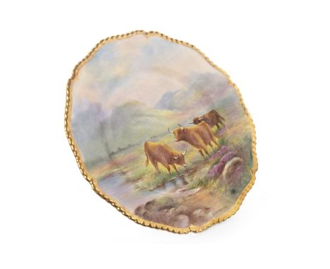 ROYAL WORCESTER CIRCULAR PLATE, painted with Highland cattle watering in landscape, by Edward Townsend, signed, printed marks