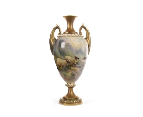 ROYAL WORCESTER VASE, painted with sheep in landscape, by Harry Davis, signed, printed marks in puce, shape number H313, 29cm