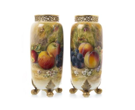 PAIR ROYAL WORCESTER VASES, painted with peaches, grapes, apples and other fruit, by William Ricketts, signed, printed marks 