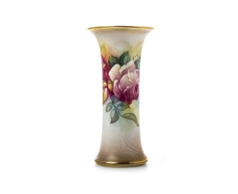 ROYAL WORCESTER VASE, painted with pink and red roses, by W Hunt, signed, printed marks in black, shape number G923, 11.5cm h