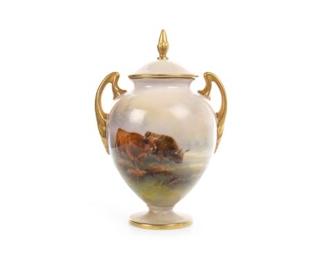 ROYAL WORCESTER VASE AND COVER, painted with highland cattle in landscape, by Harry Davis, printed marks in puce, shape numbe