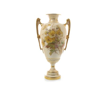 ROYAL WORCESTER TWIN-HANDLED VASE, painted with flowers in colours and gilt enamel, printed marks in puce, shape number 1481,