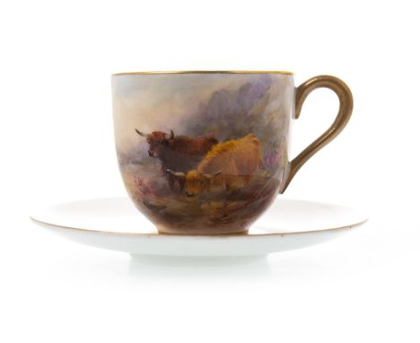 ROYAL WORCESTER COFFEE CUP AND SAUCER, painted with Highland cattle, by Harry Stinton, signed, the interior gilded, printed m