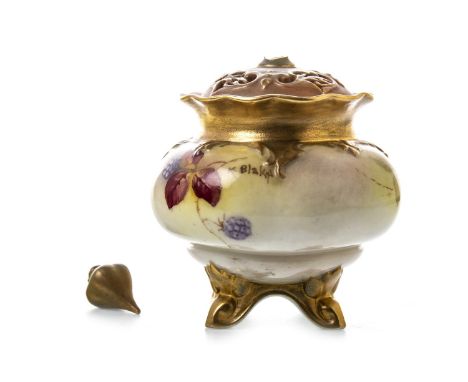 ROYAL WORCESTER POT POURRI WITH COVER, painted with berries and leaves, by Kitty Blake, signed, printed marks in lilac, shape