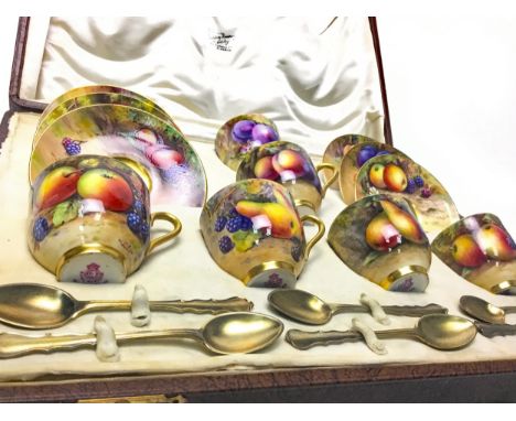 ROYAL WORCESTER COFFEE SERVICE, painted with fruit, by W H Austin, A Shuck, R Rushton, W Hale and H Ayrton, printed marks in 