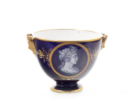 WORCESTER PATE SUR PATE POT, with portrait busts of a man and a woman, in white on a blue ground, embellished in gilt, puce m