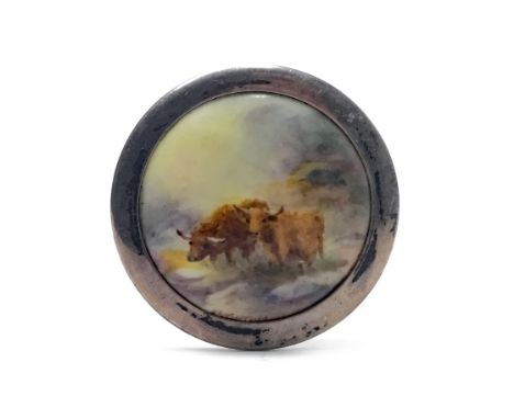 ROYAL WORCESTER BROOCH, painted with Highland cattle in landscape, by Harry Stinton, signed, printed marks in puce, in a nine